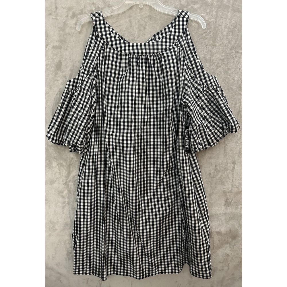 New York & Company Dress Womens Sz XL Gingham Black‎ White Off Shoulder Boho